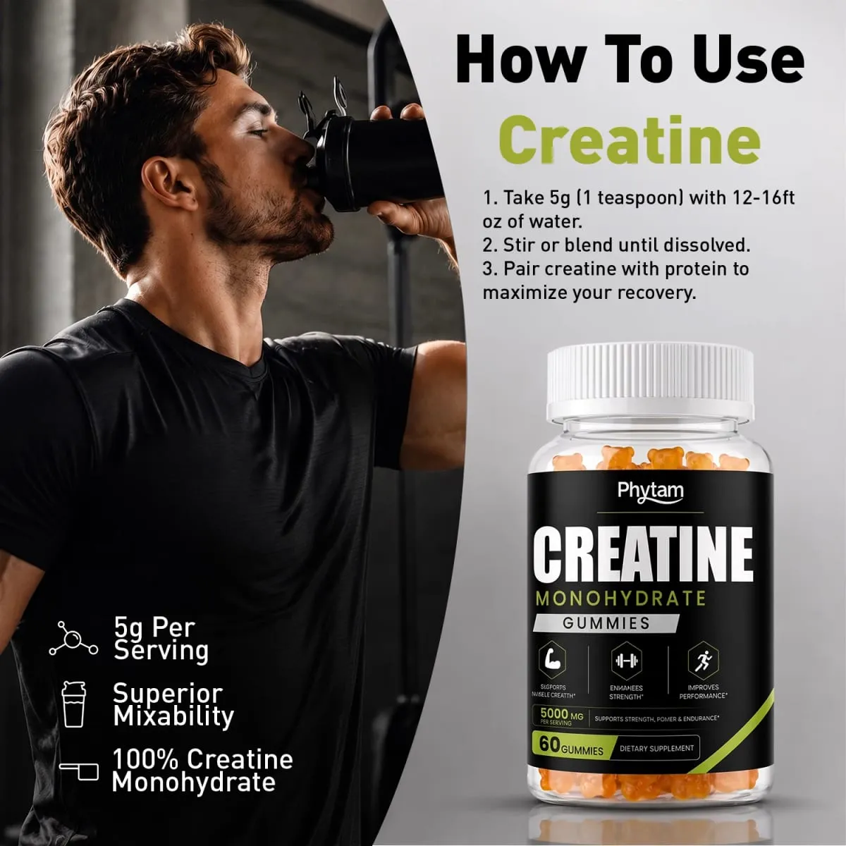 5000mg Creatine Monohydrate Bear Gummies 60 Count Chewable Daily Workout Nutrition Supplement Supports Athletic Performance & Muscle Maintenance — image 5