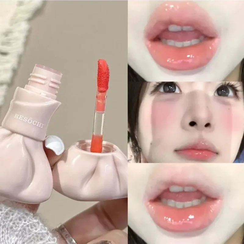 Bow Tube Jelly Mirror Lip Gloss Tomato Red Moisturizing Lip Tint Watery Glass Glossy Waterproof Lip Glaze Plump Lips Cosmetics