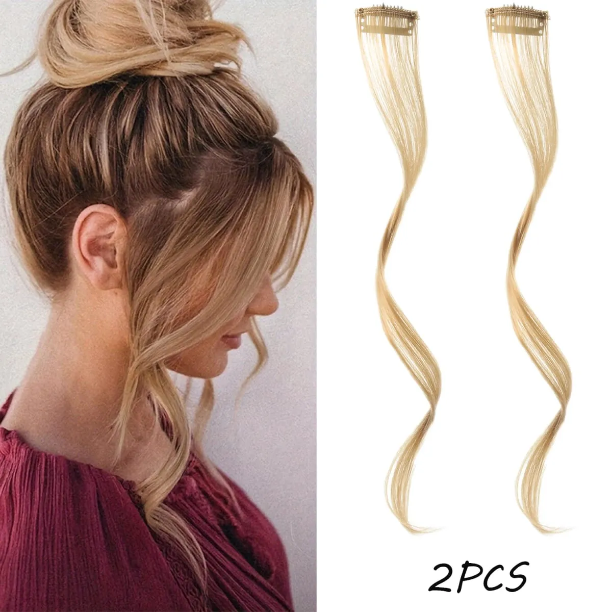 2PC synthetic Bangs Wig Hair Extensions Curly Clip-on Hair Front Side Long Wavy Blone Bangs With Clip Invisible Fringe Fake Hai — image 12
