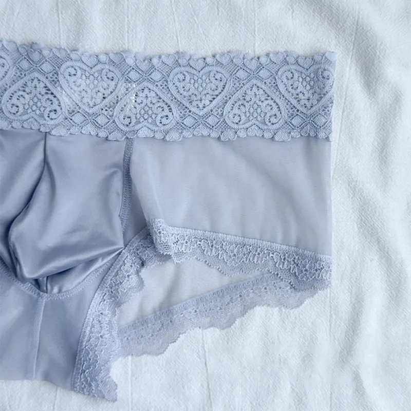 Cuecas masculinas de seda gelo com acabamento de renda fina e sem costura brilhante bolsa 3D calcinha leve confortável lingerie diária