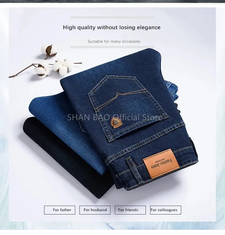 BAO 2026 autumn spring fitted straight stretch denim jeans classic style badge youth men's business casual jeans trousers