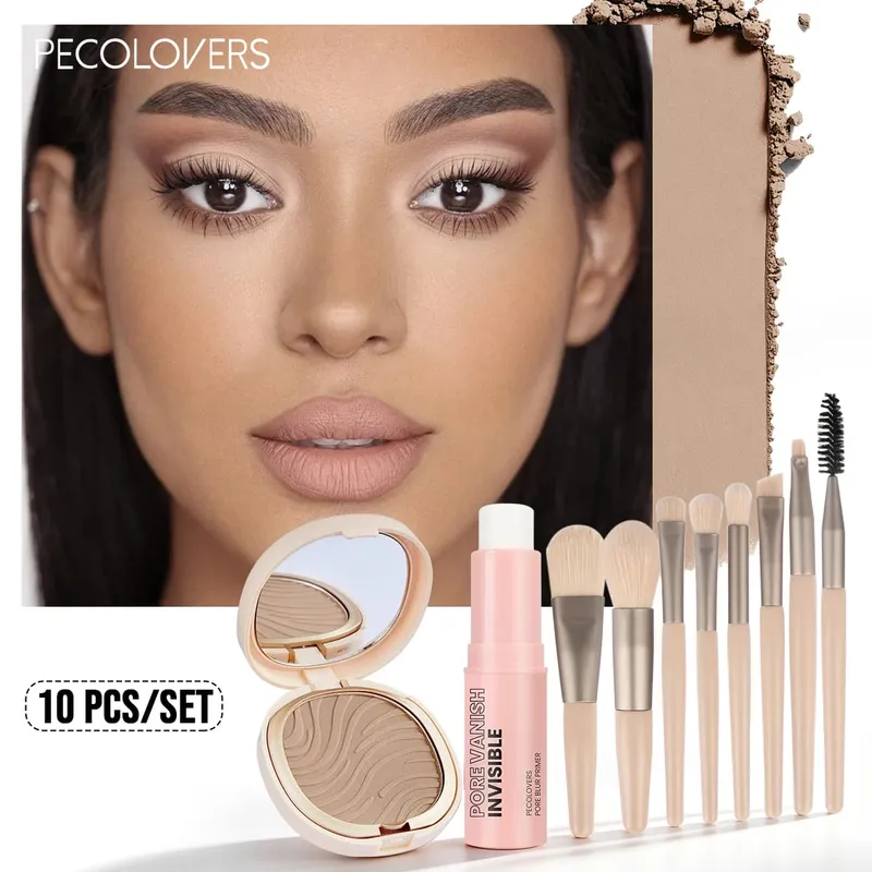 10 stuks alles-in-een basis make-upkit poriënminimaliserende primer stick mat setting poeder en 8 stuks professionele make-up kwastenset