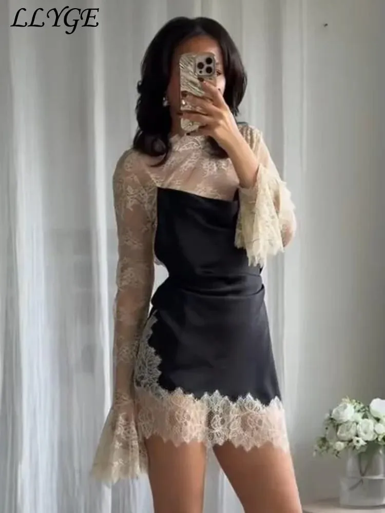 Elegant Lace Patchwork Short Dress Women See Through High Collar Flare Sleeve Party Dresses 2025 Autumn Lady Evening Robes