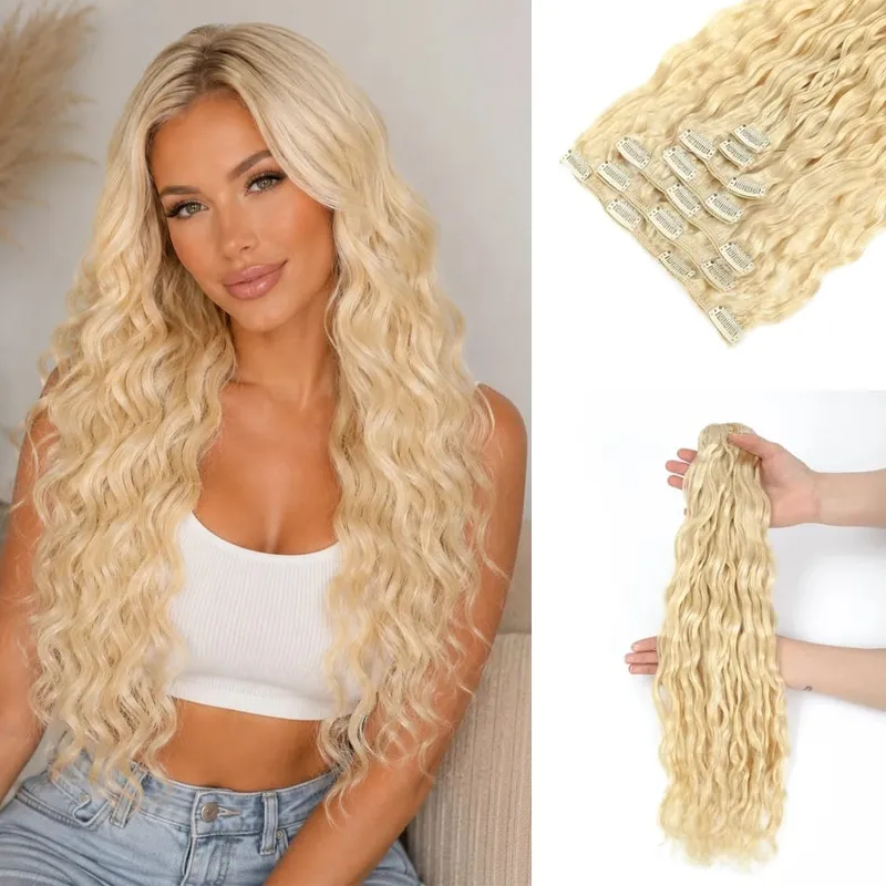 12A Curly Clip in Hair Extensions Brown Water Wave Real Remy Human Hair Clip in Extensions for Women Curly Clip Ins 7pcs 120g
