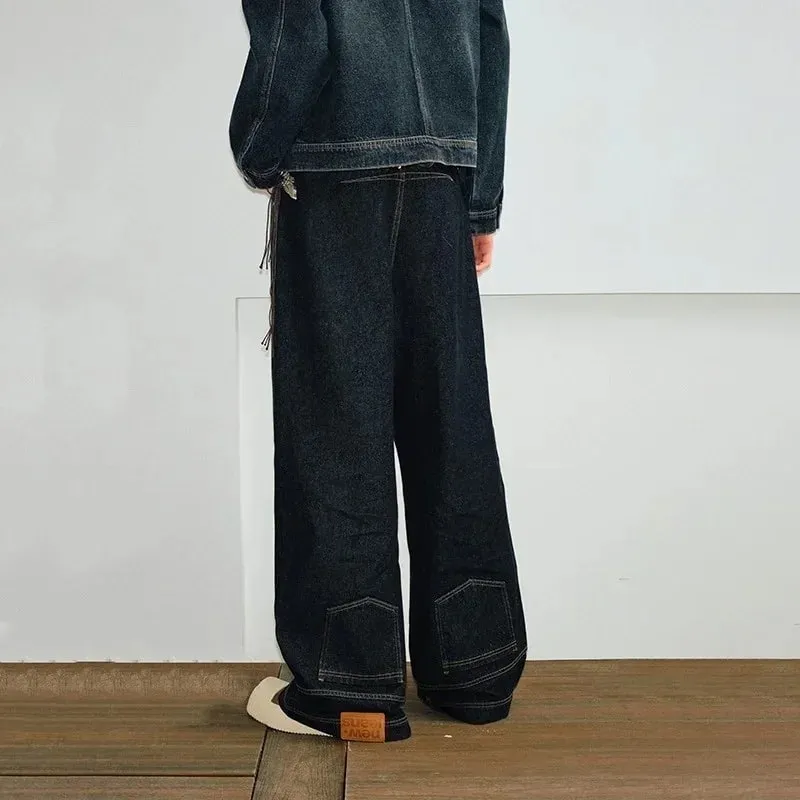 Autumn Men's High Street Fashion Baggy Jeans Reverse Pocket Design Straight Wide Leg Denim Trousers Solid Color Y2K Vintage Jean
