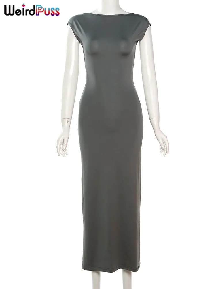 Weird Kot Backless seksowna damska sukienka Maxi z krótkim rękawem Slim Fit elastyczna na co dzień jednolita odzież uliczna klubowa impreza damska letnia obcisła sukienka