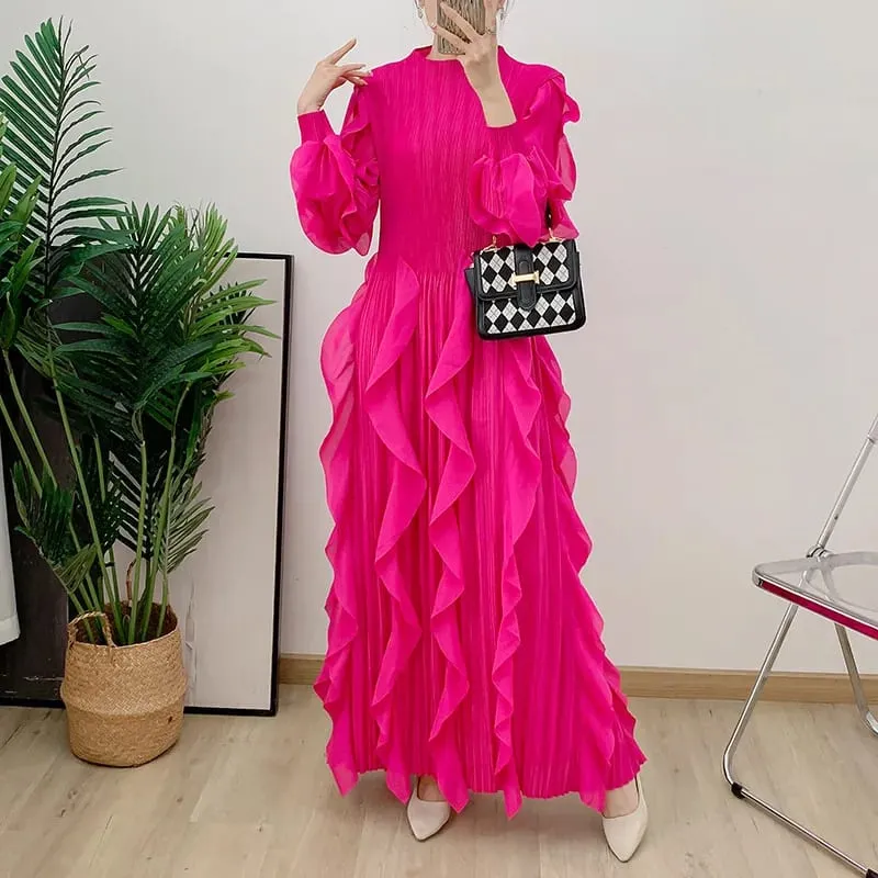 Fashion Ruffles Pleated Dress Women Round Neck Flare Sleeves Solid Maxi Belt Dresses Party 2025 Autumn New