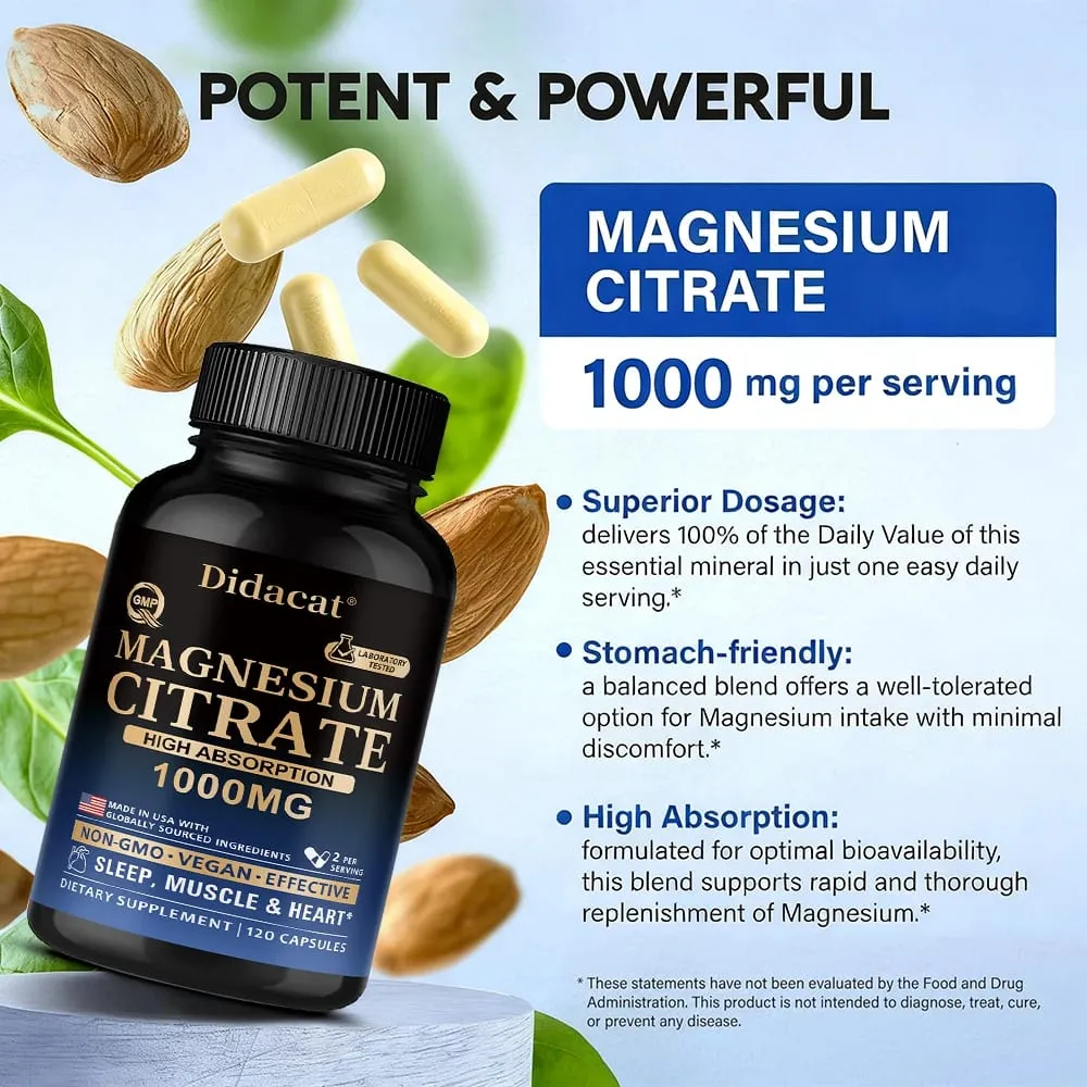 Magnesium Citrate Capsules 1000mg High Absorption Supplement - Sleep Muscle & Heart Support Non-GMO Vegan