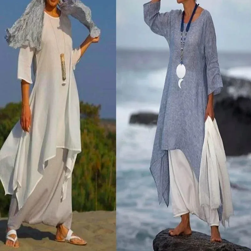 Women Irregular Leisure Loose Fitting Shirt Tunic Pullover Blouse Baggy Tops Round Neck Comfy Dress