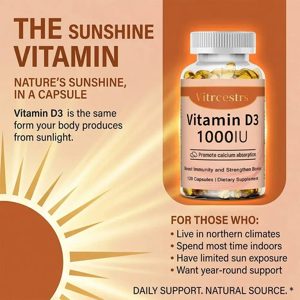 Vitamin D3 1000iu hỗ trợ miễn dịch Chức năng cơ bắp khỏe mạnh và sức khỏe xương - Non-GMO Gluten Free 120 Viên nang thực vật