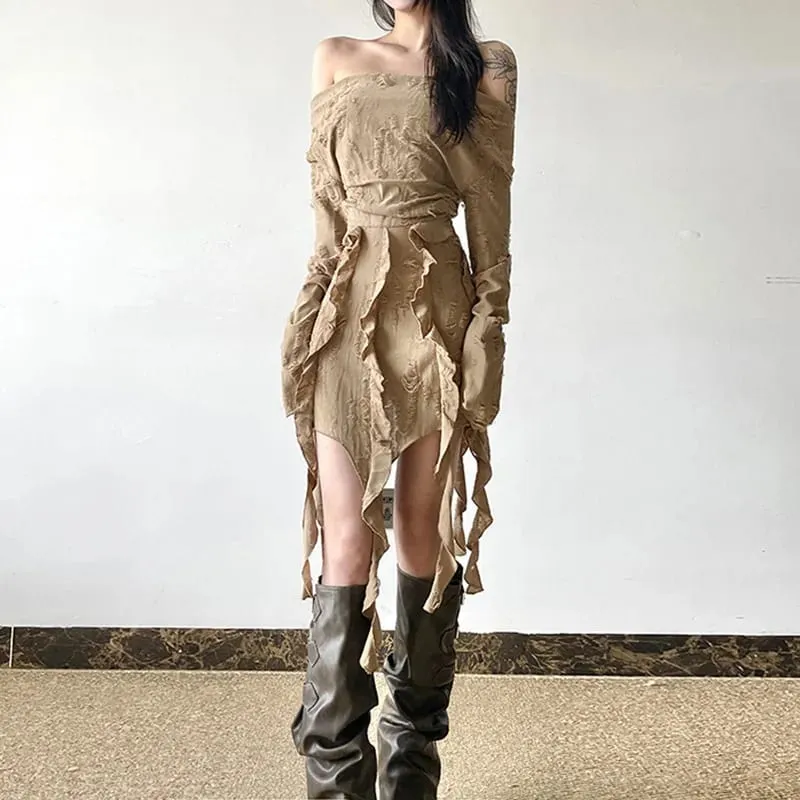 One-shoulder Long-sleeved Dress with Frilly Hem and Irregular Pattern - Simple Solid Waist-length Skirt maxi dresses for women — image 3