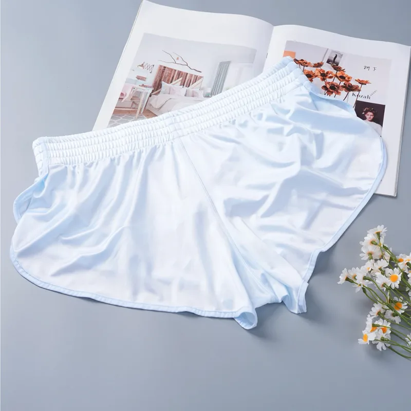 Men Satin Glossy Arrow Pants Split Side Boxer Shorts Sexy Underwear Loungewear Inner Jockstrap Mesh Pouch Sleep Bottoms