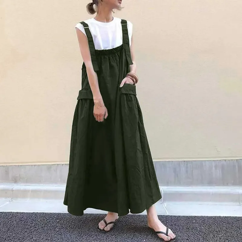 Thời Trang Nữ Suspender Đầm Dây Dài Túi Lớn Và Trên Đầu Gối Túi Dây Midi Váy Đầm Cho Nữ Áo Dây femme