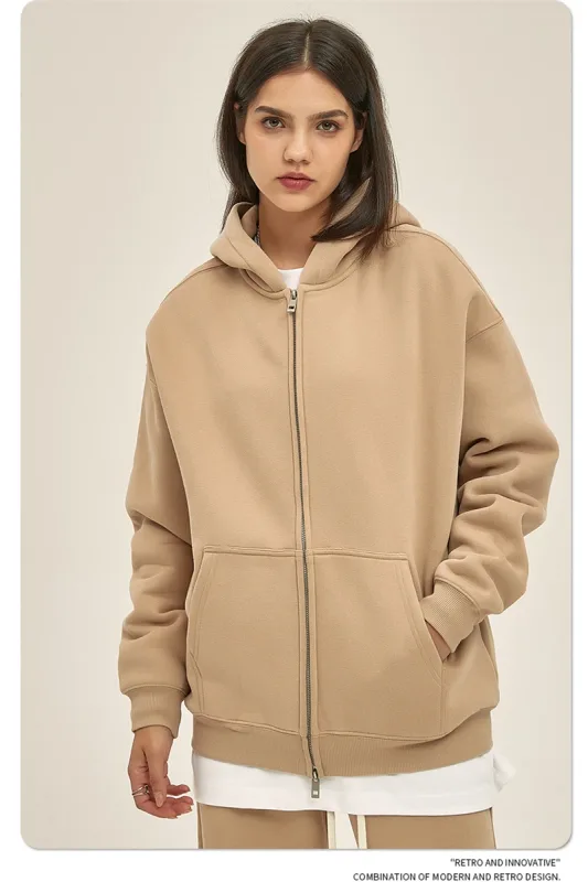 New Men Double Headed Zipper Fleece Hoodies Unisex Loose Basic Solid Warm Hooded Sweatshirts Coats For Winter HY0633