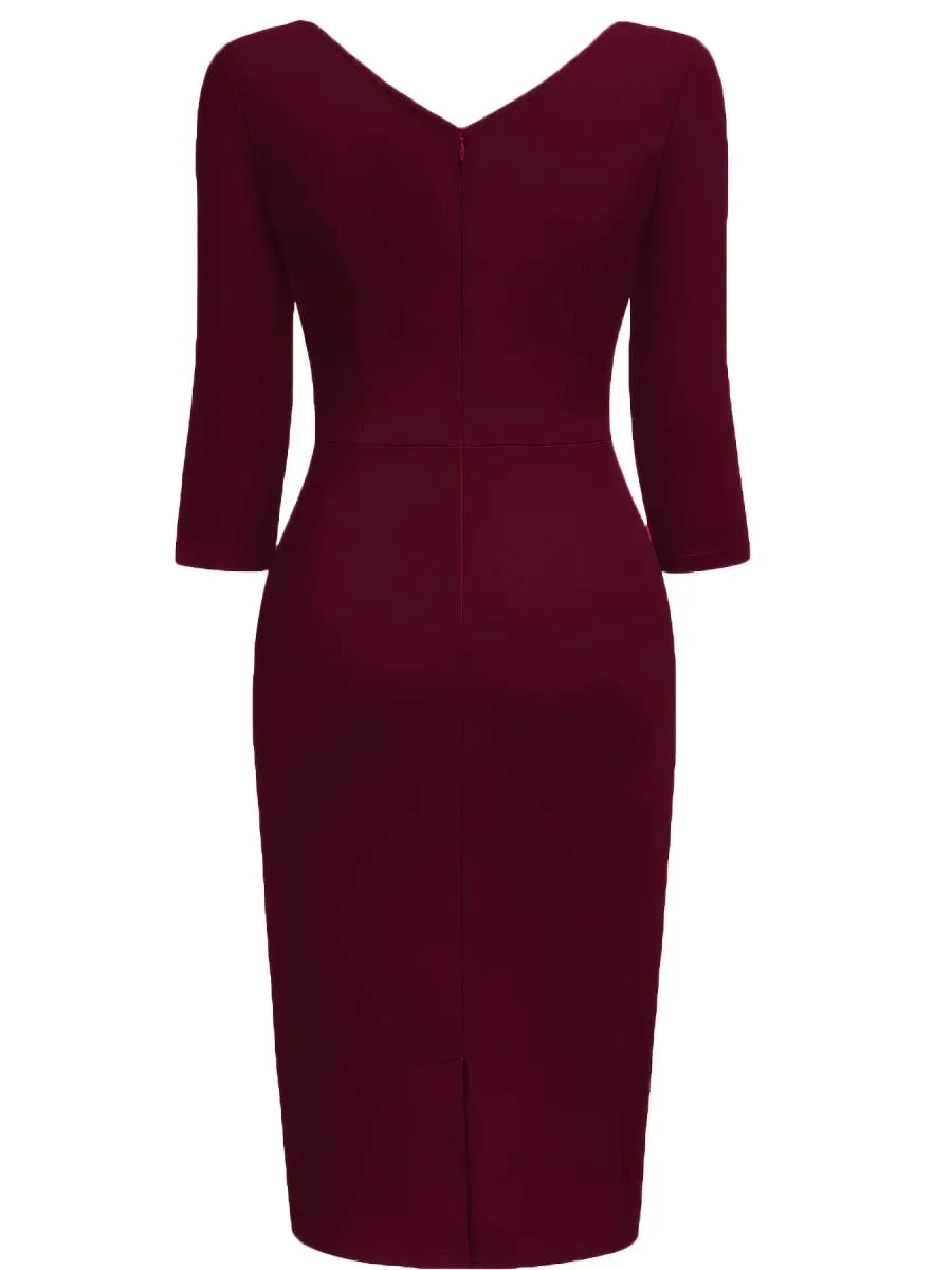 Women Vintage 2/3 Sleeve Deep V-Neck Ruched Slim Knee Length Cocktail Party Wrap Sheath Bodycon Pencil Dress
