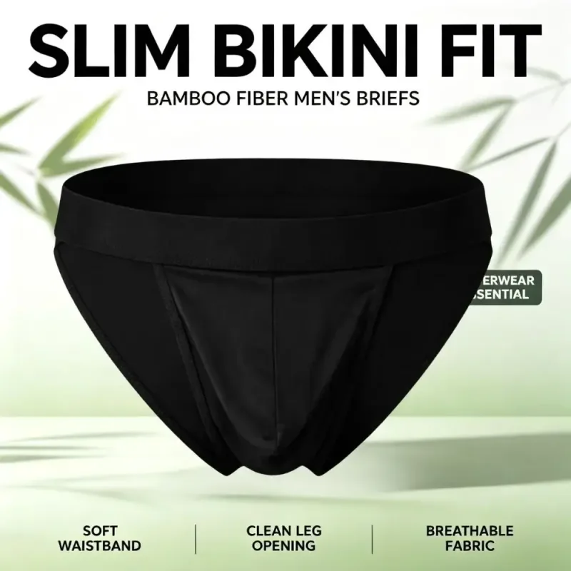1 3-teiliges Set aus weicher Bambusfaser, hochgeschnittener Bikini-Slip für Herren, integrierter Beutel, feuchtigkeitsableitende Sportunterwäsche für das Training im Fitnessstudio