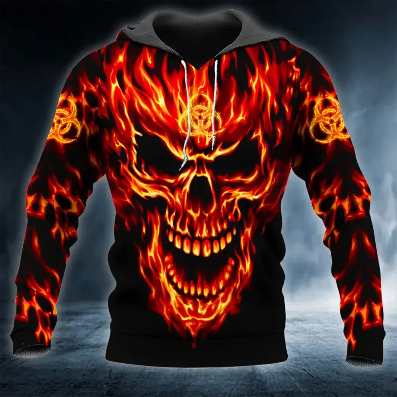 Men Hoodies 3D Print Horror Flaming Skull Graphic Fashion New Style Casual Pullover Personality Oversize Men Clothing Tops