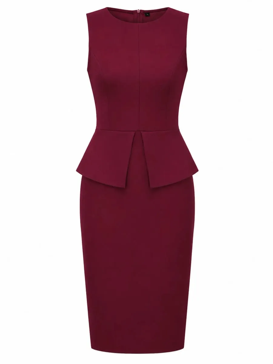 Womens Elegant Crew Neck Summer Sleeveless Cocktail Knee Length Business Casual Party Solid Color Pencil Bodycon Dress