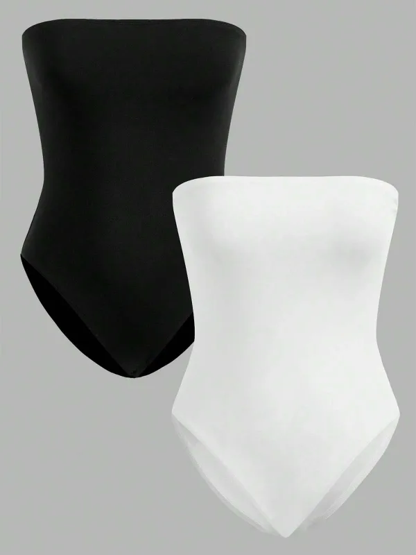 2 Pieces Women’s Seamless Strapless Bodysuits – Black & White Slim Fit Tube Top Style Comfortable Stretch Fabric