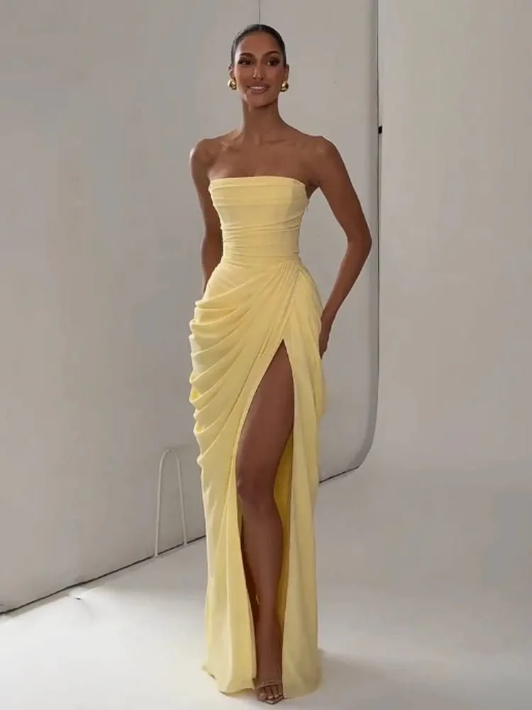 Dámské sexy jednobarevné plisované šaty dámské elegantní bez ramínek, bez ramínek, s vysokým pasem, rozděleným šatem 2026 letní večerní společenské šaty