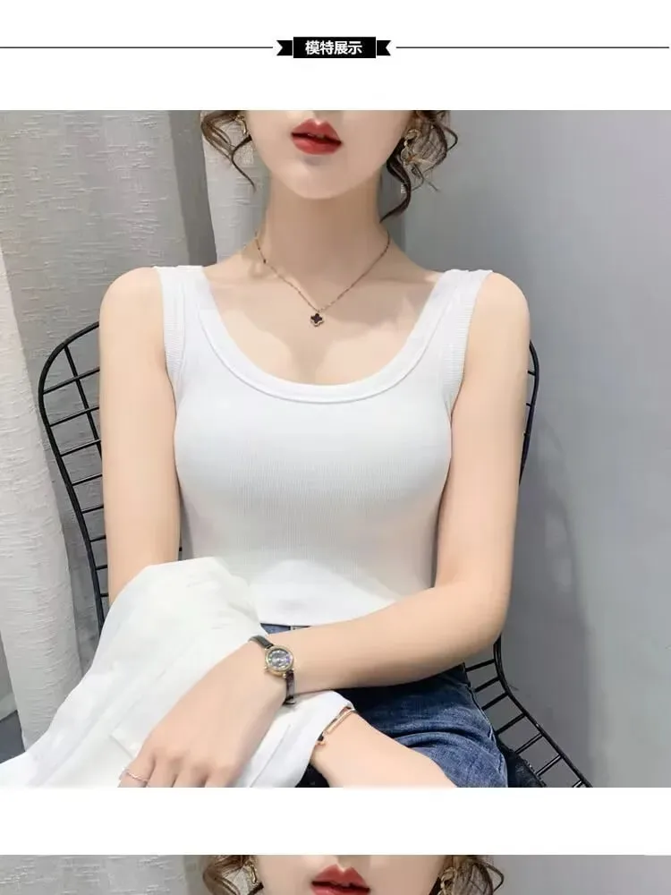 2023 Summer Women Basic Ribbed Knitted Tank Top Solid Color Sleeveless T-shirts Casual Camis Green Blue Elastic Female Tops