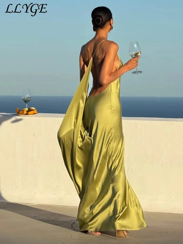 Elegante nastro di raso backless abito lungo da donna pieghettato scollo a V fessura abiti da spiaggia da festa 2026 Summer Lady abiti da sera solidi
