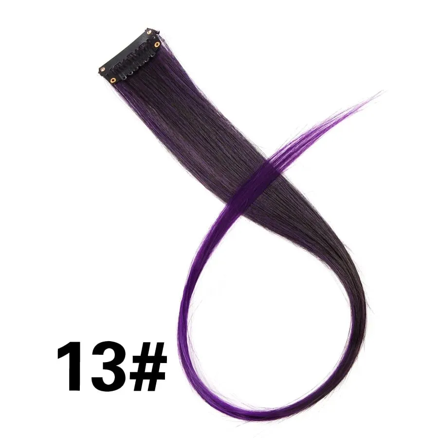 Lige farvet hårstykke Hair Extensions Clip In Highlight Regnbuehår Pink Blå Lilla Syntetisk på klips til kvinder piger — image 19