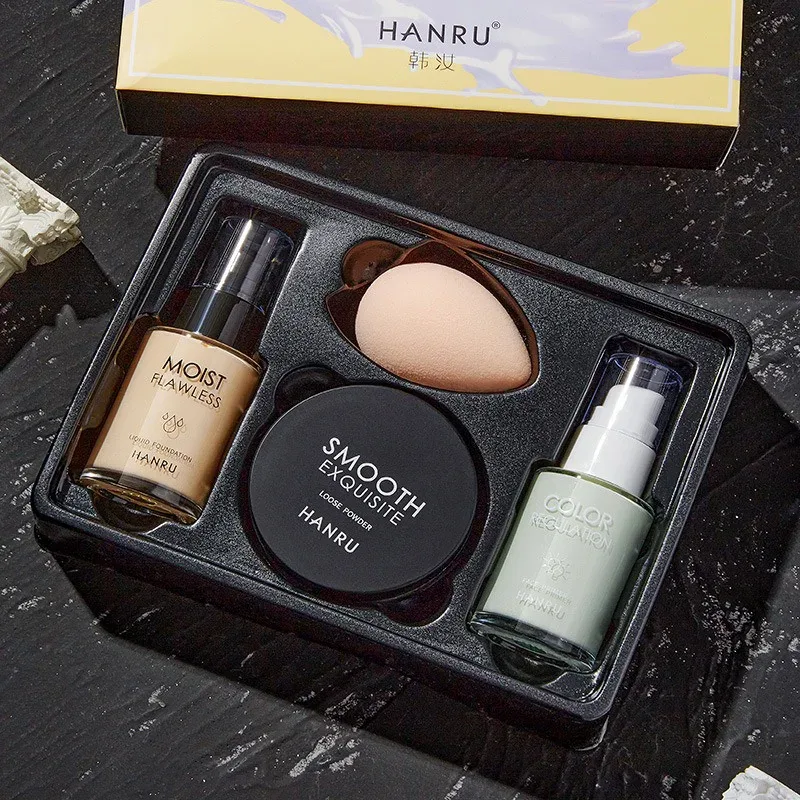 Base and makeup set 4-piece combo pack concealer foundation primer loose powder light makeup for a natural look