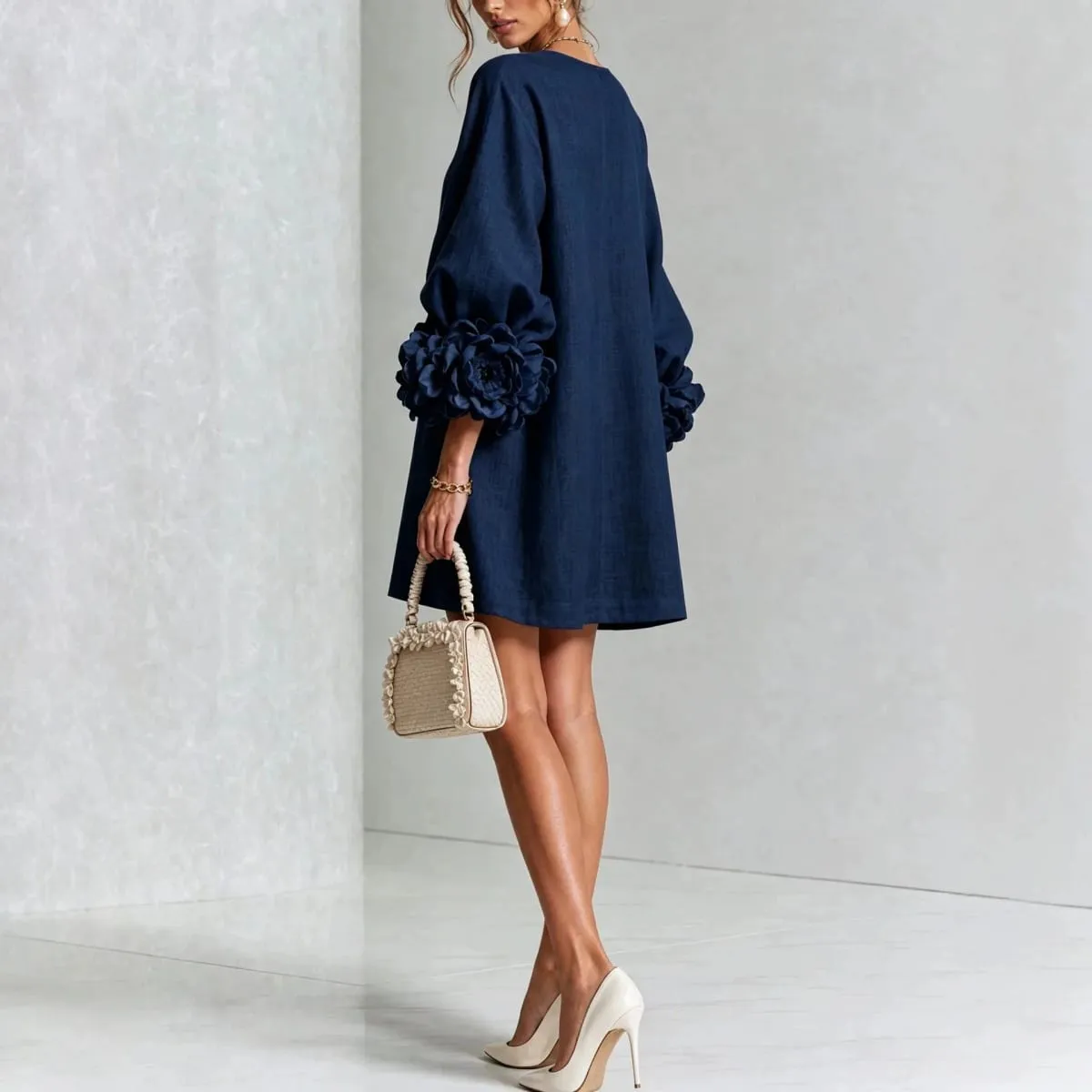 Women Spring Autumn 3D Flower Long Lantern Sleeve Cotton Linen Mini Dress Solid Crew Neck Loose Elegant Daily Wear Short Dress
