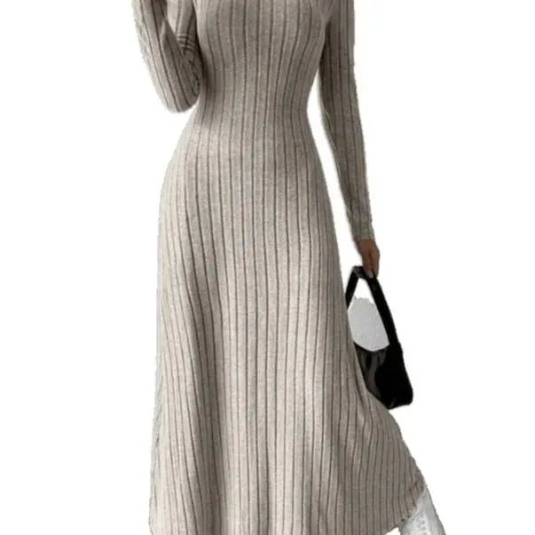 Fashionable Knitted Long Sleeve A-Line Dress Slim Fit Solid Color Street Style Women's Dress Comfortable Casual Elegant Commute