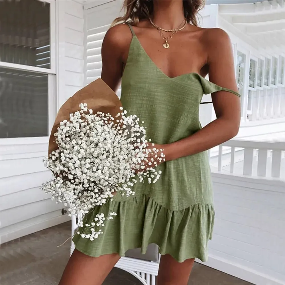 Dress Women Sexy Spaghetti Strap Ruffle Summer Dress 2026 Cotton Linen Vestidos Green Dresses Off Shoulder Sexy Mini Sundress — image 2