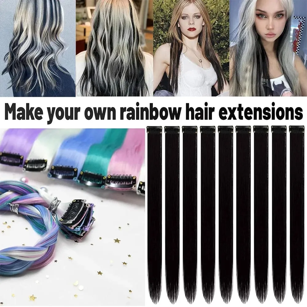 10Pieces 22 inch Colored Hair Extensions Multi-colors Party Highlights Clip in Synthetic Hair Extensions