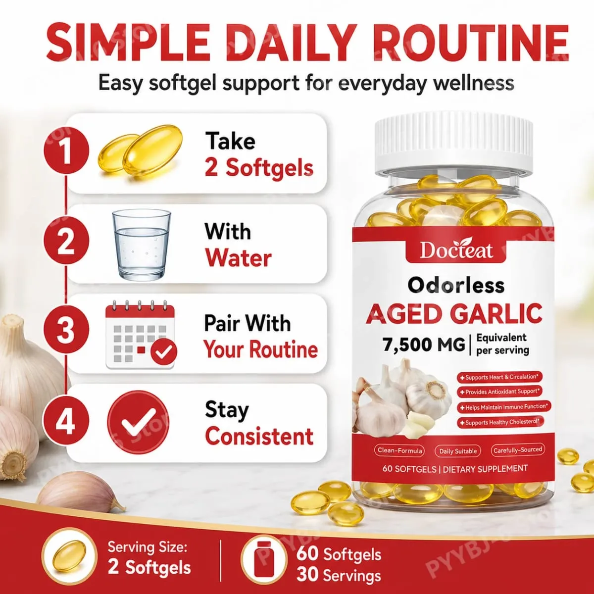 Odorless Aged Garlic Extract 7500mg Equivalent 60 Softgels - Immune Support Heart Health Antioxidant Supplement for Adults