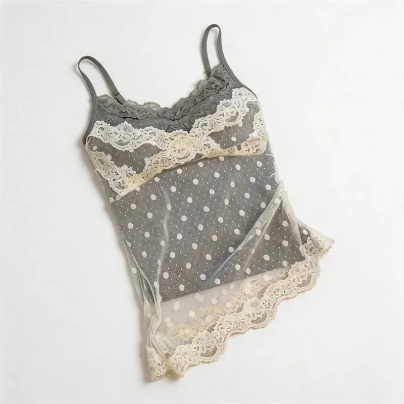 Women's Polka Dot Lace Spaghetti Strap Camisole with Pad Bust Adjustable Straps Side Lace Sexy Summer Daily Top A33079