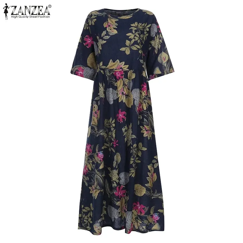 Women's Summer Short Sleeve Sundress ZANZEA Woman Floral Printed Dress Bohemian Elegant Casual Oversized Holiday Long Dresses