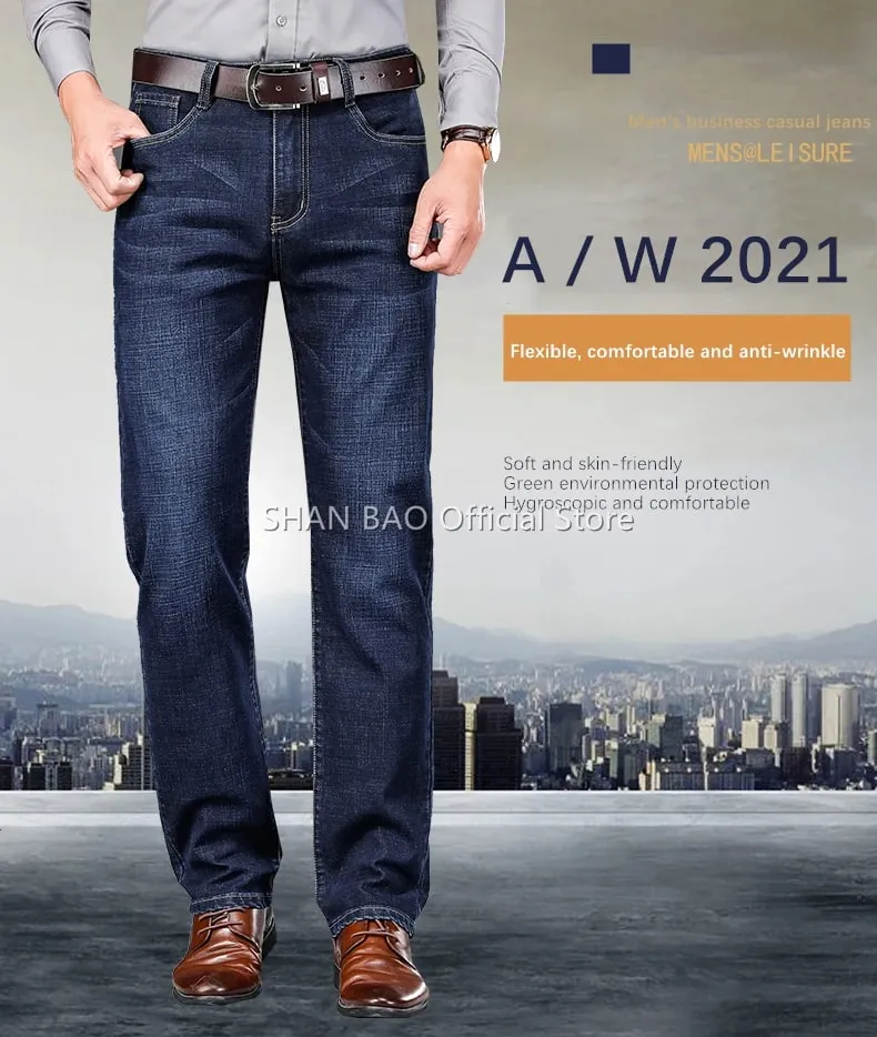BAO 2024 autumn spring fitted straight stretch denim jeans classic style badge youth men's business casual jeans trousers