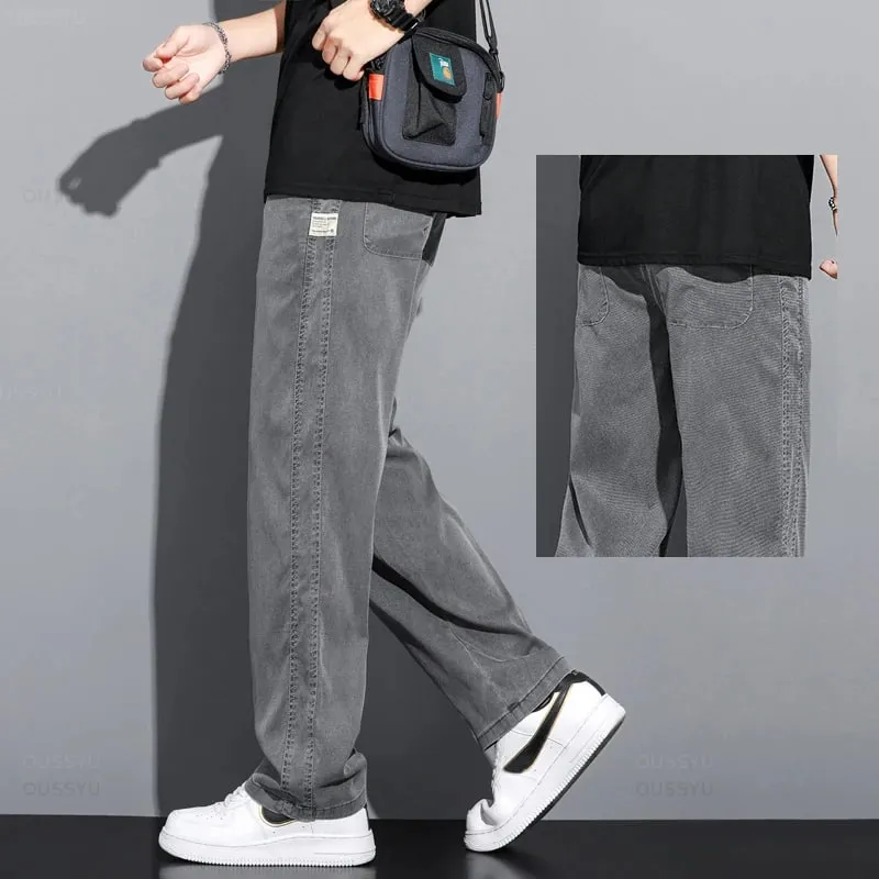 Summer Soft Lyocell Fabric Men's Jeans Thin Loose Straight Pants Drawstring Elastic Waist Korea Casual Trousers Plus Size M-5XL — image 12