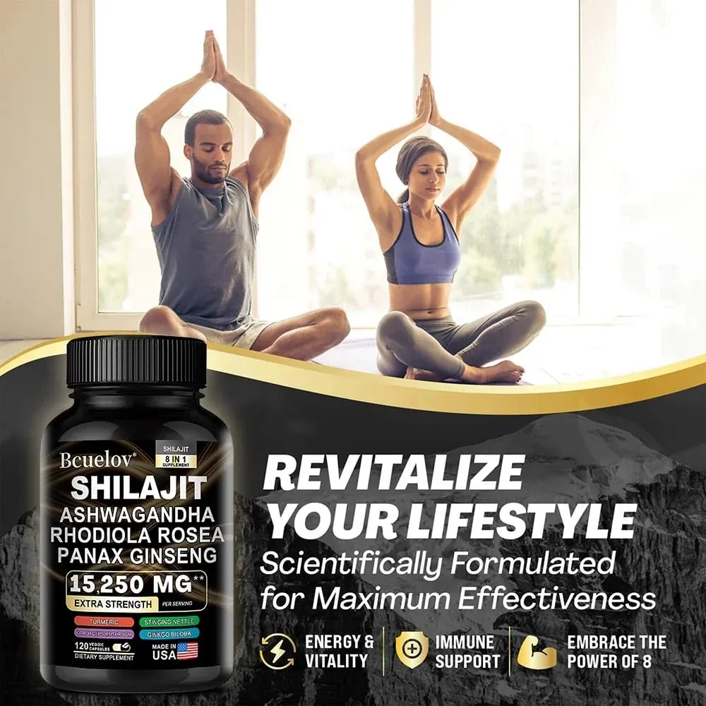 Shilajit 9000 Ginseng 1500MG Ashwagandha 2000MG - 8'i 1 Arada Doğal Bitki Kompleksi Ekstraktları Enerji Bağışıklık Kas Gücü Sağlar