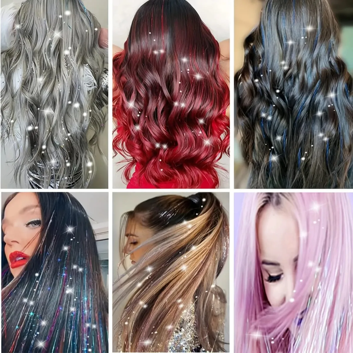 6/12Pas Synthetic Hair Tinsel Clip in 20Inch Glitter Tinsel Hair Clip in Hair Tinsel Kit Heat Resistant Shiny Sparkle Fairy Hair — image 5