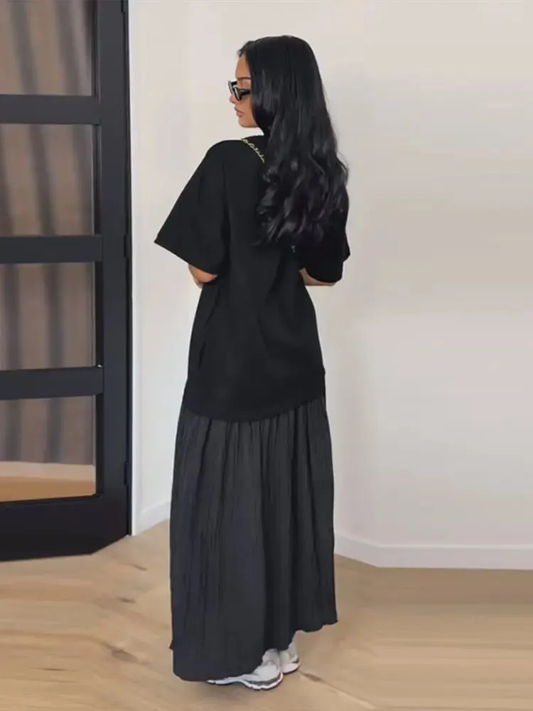 Short Sleeve Patchwork Oversized Long Dress Women Elegant O-neck Pleated Loose Party Evening Dresses Summer Casual Lady Vestidos