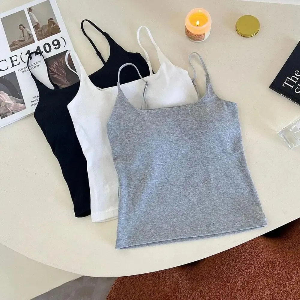 Basic Solid Camis Casual Sleeveless Spaghetti Strap Crop Top Square neck Tank tops With Built In Bra y2k Summer women Clothing — image 4