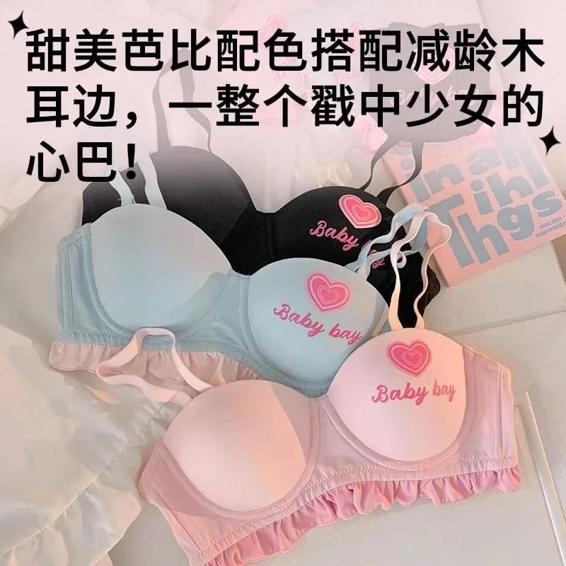 Lolita Inspired Lingerie Set for Small Chest Wireless Push Up Bralette to Enhance Curves Sweet Barbie Style Bra & Tushy Panty