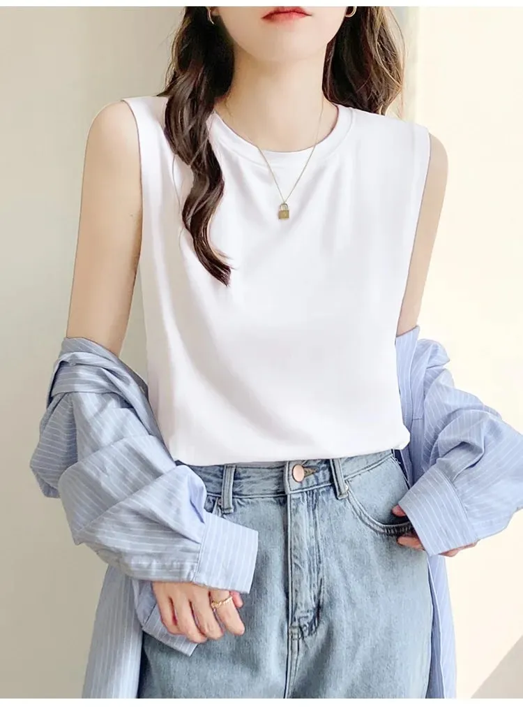 Simple Cotton Sleeveless Tank Top for Women—Classic Loose-Fitting Casual Base Layer Summer Round-Neck Base Layer T-Shirt Brea