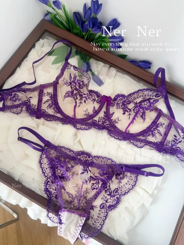 French Style Mesh Embroidery Lace Bra Set With Underwire Slightly Sheer Thin Lingerie Minimizer Bra For Big Bust S-XL