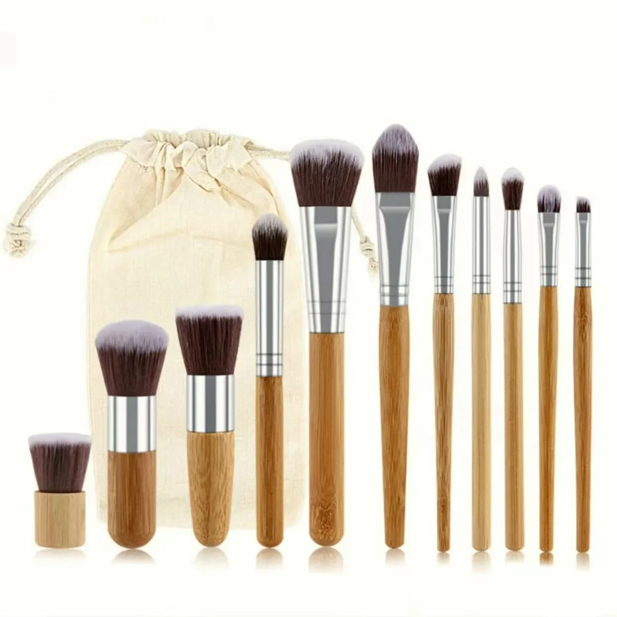 11pcs Natural Bamboo Handle Makeup Brushes Foundation Blending Make Up Tool Set With Cotton Bag — image 1