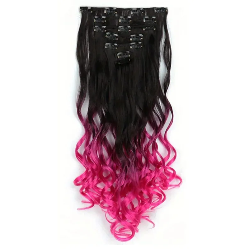 Clip in Hair Extensions Ombre Color Synthetic 7pcs Set Wavy Curly Hairpieces Black to Purple For Women Girls