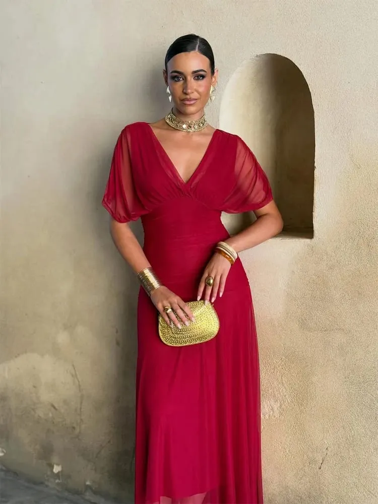 Kvinder Solid Dyb V-hals Mesh Lang Kjole Elegant Puff Kortærmet Rynket Talje Høj Vestidos 2026 Summer Lady Casual Street Robe