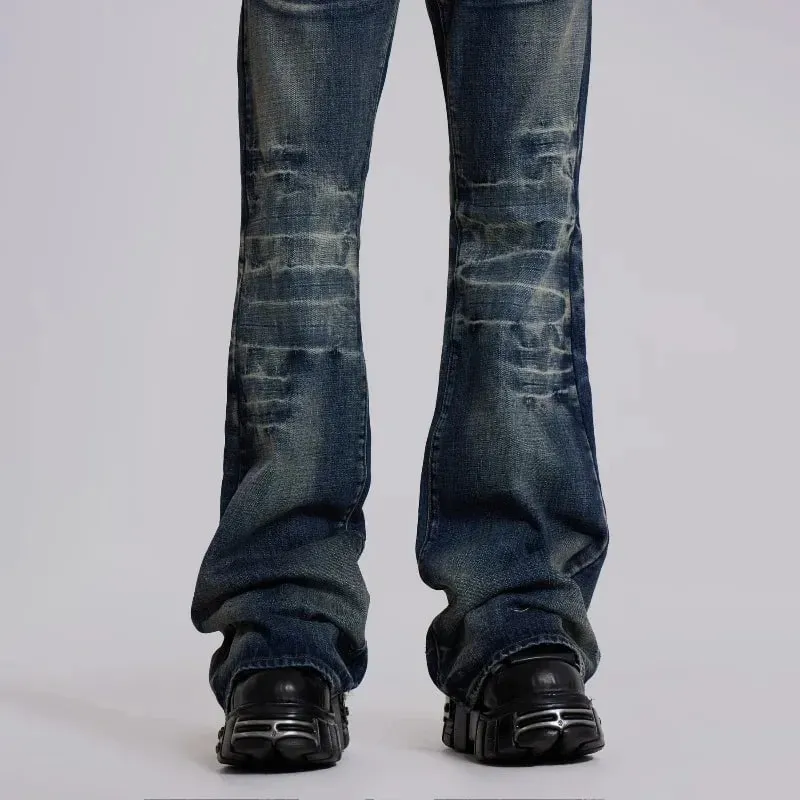 Mens Jeans Harajuku Y2K Streetwear Mid Blue Flared Denim Pants Vintage Washed Bootcut Wide Leg Loose Fit Gothic High Street New
