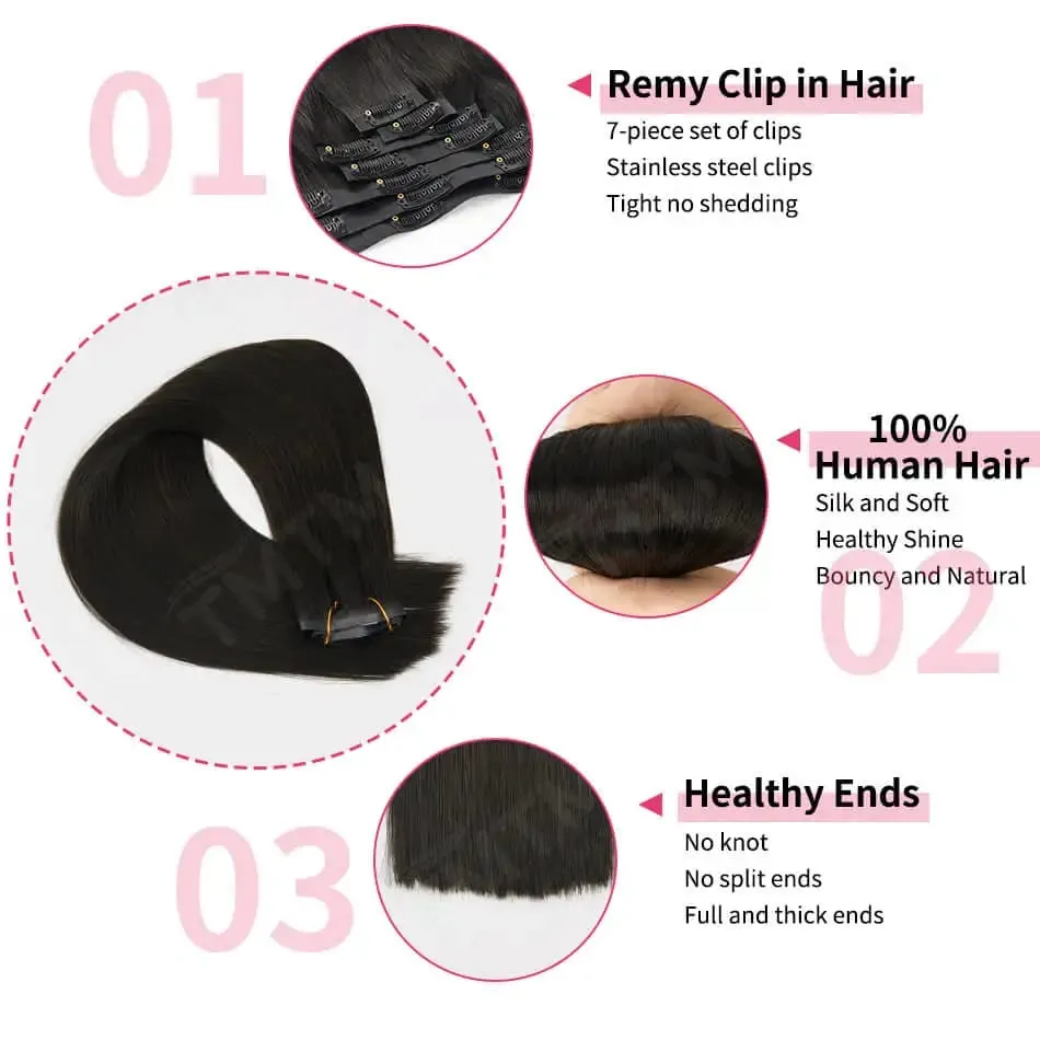 Straight PU Clip Ins Human Hair Extensions Black Brown Color 7 Pcs 110g/Set Seamless Invisible PU Weft For Women 100% Human Hair
