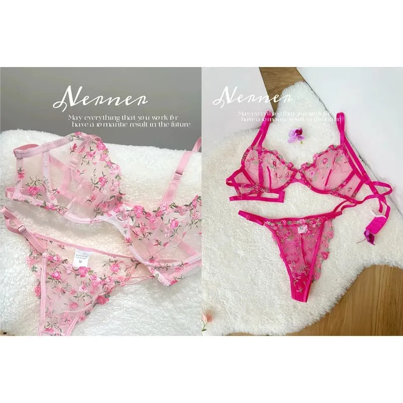 Korean Hot Lace Bra Set Floral Embroidery Transparent Mesh Ultra Thin Big Bust Modest Summer Ladies Daily Wear Underwear 32-38 — image 19